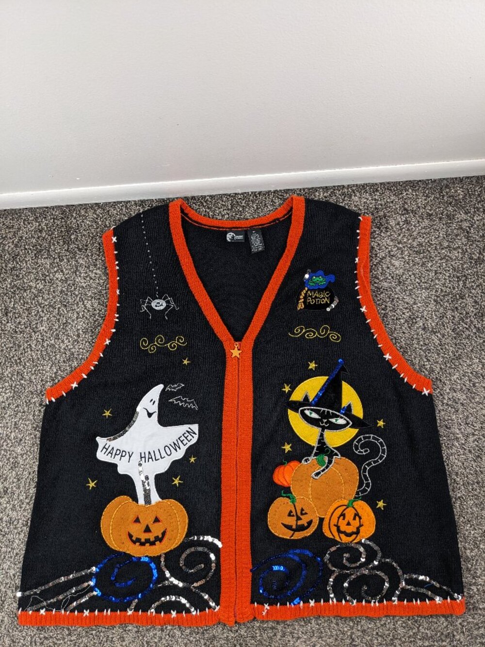 Vintage Halloween Sweater Vest Holiday Editions Ghost Witch Cat Pumpkin Women 3X